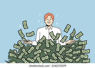 Overjoyed young businessman in stack of dollar banknotes celebrate financial success or investment. Happy man millionaire excited with money pile win lottery. Wealth and stability. Vector. 