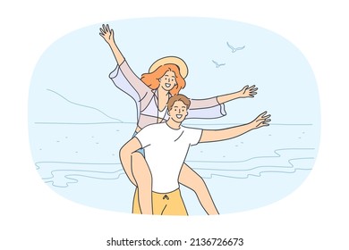 Una pareja joven y muy alegre se divierte en la playa para disfrutar juntos de las vacaciones de verano. La sonriente amante del lomo del hombre entusiasmado de la mujer pasa sus vacaciones en el mar o en el océano. Ilustración vectorial plana. 