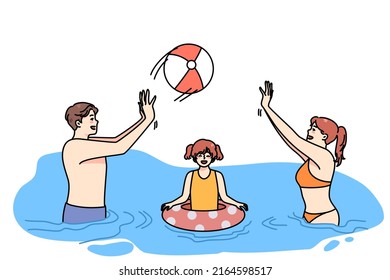 Overjoyed Young Family With Happy Child Have Fun In Water On Summer Vacations. Smiling Parents Play Ball Enjoy Holidays With Daughter On Resort. Summertime Travel. Vector Illustration. 