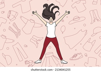 Overjoyed young girl lying among clothes excited with shopping and purchase. Smiling woman shopaholic with garment and apparel. Concept of consumerism and fast fashion. Vector illustration. 