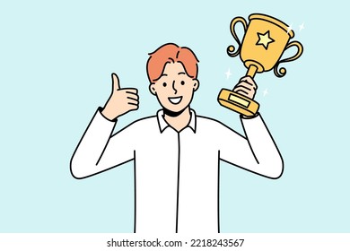 Overjoyed young man with gold prize in hands celebrate win. Smiling businessman with golden award or trophy show thumb up. Vector illustration. 