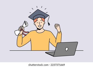 Overjoyed young man in hat hold diploma in hands celebrate graduation studying online. Smiling male graduate excited about university finish. Remote education. Vector illustration. 