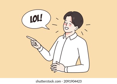 Overjoyed young man have fun laugh at funny hilarious joke. Happy millennia guy smile giggle at anecdote. LOL concept. Joker and humor representation. Vector illustration, cartoon character. 