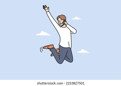 Overjoyed young man jumping in air talking on cellphone. Smiling guy feel excited and triumphant speaking on smartphone. Vector illustration. 