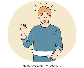 Overjoyed young man look at paper make yes hand gesture excited with good result. Smiling guy triumph with message in paperwork or document. Vector illustration.