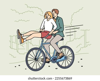 Overjoyed young man and woman ricing bicycle in park together. Smiling couple have fun enjoy bike ride outdoors in summer. Vector illustration. 