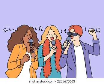 Overjoyed young multiracial people have fun singing together in karaoke. Smiling interracial friends enjoy weekend having party celebration. Vector illustration. 