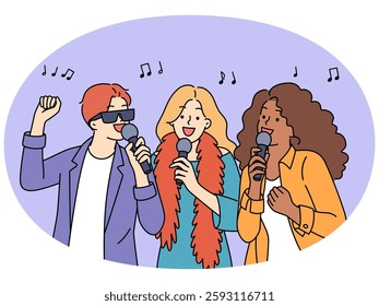 Overjoyed young multiracial people have fun singing together in karaoke. Smiling interracial friends enjoy weekend having party celebration. Vector illustration.