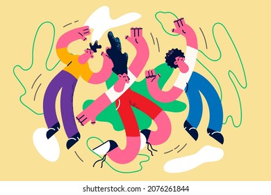 Overjoyed young people have fun dance on party together. Happy friends rest relax enjoy celebration in group. Recreation and relaxation. Entertainment concept. Flat vector illustration. 