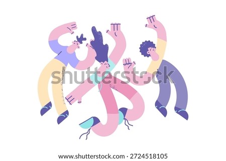 Overjoyed young people have fun dance on party together. Happy friends rest relax enjoy celebration in group. Recreation and relaxation. Entertainment concept. Flat vector illustration.