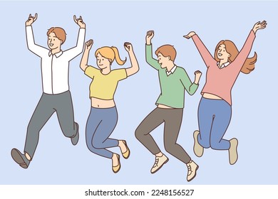 Overjoyed young people jump together celebrate success or victory. Smiling men and women have fun enjoy Friday night. Win and celebration. Vector illustration. 