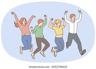 Overjoyed young people jump together celebrate success or victory. Smiling men and women have fun enjoy Friday night. Win and celebration. Vector illustration.