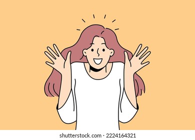 Overjoyed young woman feel astonished and surprised. Smiling girl feeling shocked and stunned with emotions. Vector illustration. 