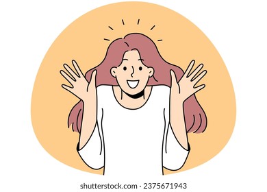 Overjoyed young woman feel astonished and surprised. Smiling girl feeling shocked and stunned with emotions. Vector illustration.