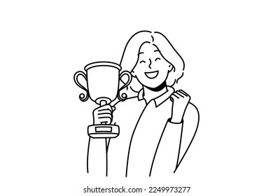 Overjoyed young woman with gold trophy in hands celebrate win or victory. Smiling businesswoman with golden prize excited with personal achievement or success. Vector illustration. 