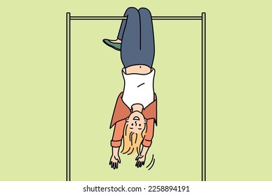 Overjoyed young woman hanging on horizontal bar upside down. Smiling girl have fun exercising outdoors on sport playground. Vector illustration. 