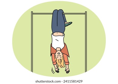 Overjoyed young woman hanging on horizontal bar upside down. Smiling girl have fun exercising outdoors on sport playground. Vector illustration.