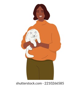 Overjoyed young woman holding a cute kitten in her arms, feeling love. Pets concept. Flat vector illustration isolated on white background