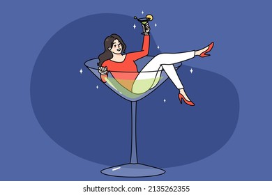 Overjoyed young woman lying in martini glass having fun drinking alcohol. Concept of bad habit or addiction. Happy girl addicted to alcoholic beverages. Alcoholism problem. Vector illustration. 