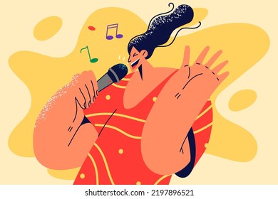 Overjoyed young woman with microphone singing in karaoke. Happy girl have fun enjoy musical entertainment evening in club. Vector illustration. 