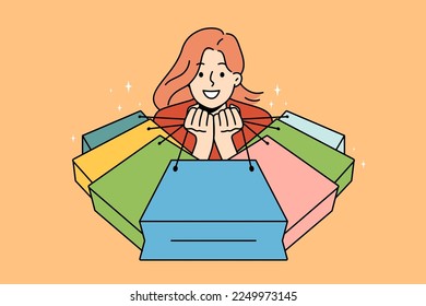 Overjoyed young woman with numerous packages excited with shopping on sales. Smiling girl with packages happy with purchases. Shopaholic and consumerism. Vector illustration. 