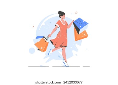Overjoyed young woman with numerous packages excited with shopping on sales. Smiling girl with packages happy with purchases. Shopaholic and consumerism. Vector flat illustration