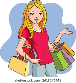 Overjoyed young woman with numerous packages excited with shopping on sales. Smiling girl with packages happy with purchases. Shopaholic and consumerism. Vector illustration.