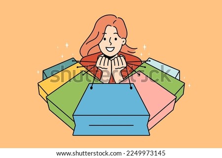 Overjoyed young woman with numerous packages excited with shopping on sales. Smiling girl with packages happy with purchases. Shopaholic and consumerism. Vector illustration.  Сток-фото © 