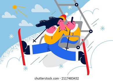 Overjoyed young woman in outerwear enjoy winter holidays in mountains. Smiling girl relax rest on vacation skiing on resort. Relaxation and recreation. Flat vector illustration. 