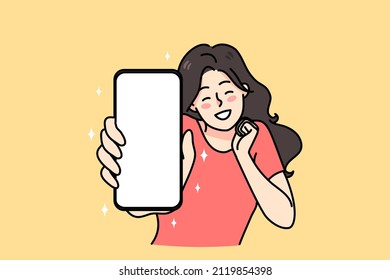 Overjoyed young woman show cellphone with blank mockup screen excited about good news online. Smiling girl demonstrate smartphone, win lottery or get great deal or sale. Vector illustration. 