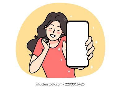 Overjoyed young woman show cellphone with blank mockup screen excited about good news online. Smiling girl demonstrate smartphone, win lottery or get great deal or sale. Vector illustration.