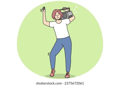 Overjoyed young woman with stereo on shoulder dancing and having fun. Smiling girl enjoy music on boombox device. Vector illustration.