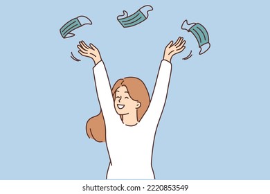 Overjoyed young woman throw in air face masks celebrate end of pandemic. Smiling girl throwing facial mask excited about covid epidemic end. Vector illustration.