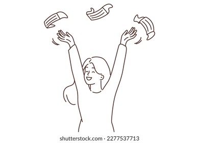 Overjoyed young woman throw in air face masks celebrate end of pandemic. Smiling girl throwing facial mask excited about covid epidemic end. Vector illustration.