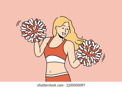 Joven muy alegre con uniforme bailando con pompones. Chica sonriente con ropa deportiva animando el juego. Concepto alentador. Ilustración vectorial. 