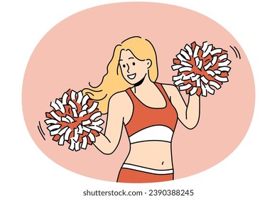 Overjoyed young woman in uniform dancing with pompons. Smiling girl in sportswear cheering at game. Cheerleading concept. Vector illustration.