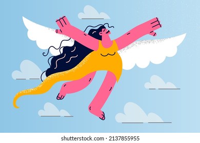 Overjoyed young woman with wings flying in sky dreaming or imagining. Smiling millennial girl dreamer involved in imagination and daydreaming. Flat vector illustration, cartoon character. 