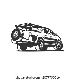 Overland 4x4 double cabin truck black and white vector isolated