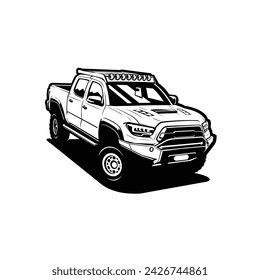 Overland aventura offroad 4x4 pickup coche ilustración vectorial silueta monocroma aislado