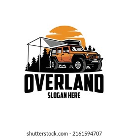 Overland camper truck in forest vector logo illustration. Best for camper van and truck or outdoor sport related logo