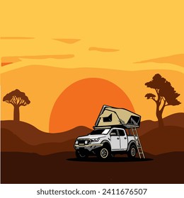 Overland SUV in Savanna Wüste mit Sonnenuntergang Vektorgrafik. In der Wüste zelten. LKW-LKW-Kampfflugzeuge