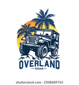 Overland texas typography with classic car colorfull vector print design.