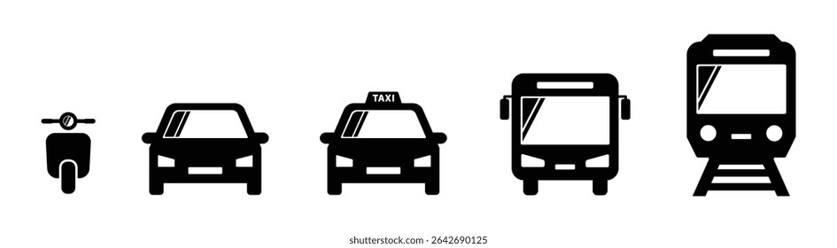 Overland transportation icon set, including motorcycle, cars, taxi, bus, trains. Vector illustration