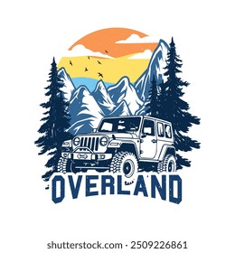 Overland typography with mountain classic jeep colorfull eye catching print design.