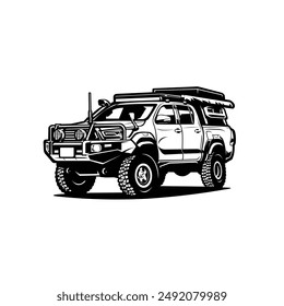 Overland vehicle vector. Double cabin offroad pickup truck black and white monochrome vector isolated