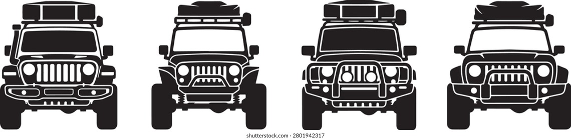 Overlanding Front Grille Set 4 - Offroad SUV Front Profile Silhouette Pack - 4x4 Expedition Truck Bullbar Clip Art

Upgrade your automotive digital assets with this highly focused premium vector set highlighting rugged front-end vehicle anatomy. This high-contrast flat graphic kit displays multiple clean black profiles of modern overlanding SUVs, offroad utility trucks, heavy bullbars, winch mounts, roof racks with auxiliary LED lights, and snorkel extensions. Perfect for offroad club patches, tuning shop catalogs, and automotive branding packages.