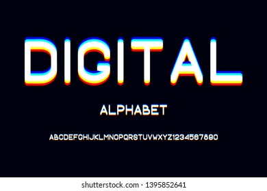 Overlap glitch font. Rounded color alphabet with overlay effect. Vector illustration.
