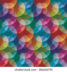 Overlap and transparent circles and squares. Colorful seamless background. Vector EPS10 tileable pattern.