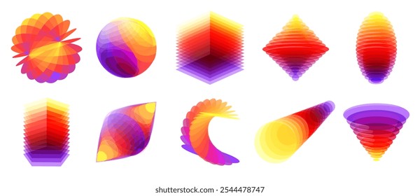 Formas 3D superpuestas. Forma dinámica de vidrio de color en capas con efecto de superposición de degradado de colores. Formas translúcidas Abstractas colección de Ilustración vectorial aislada.