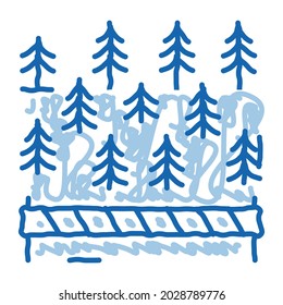 vector de icono de esbozo de bosque superpuesto. El arte de la línea azul del doodle dibujado a mano se superpuso con el signo del bosque. ilustración de símbolo aislado